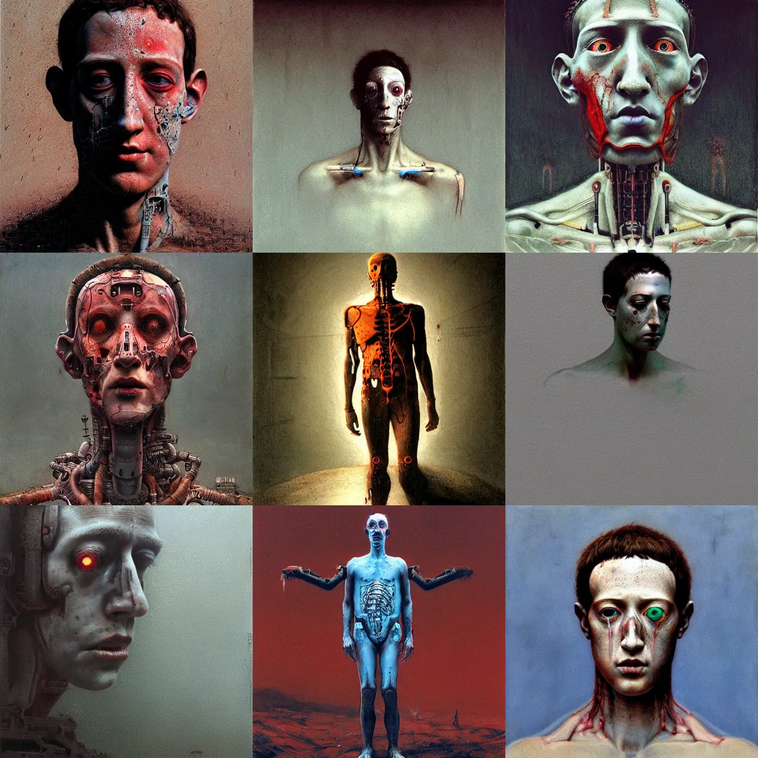 Prompt: very realistic sad screaming cyborg zuckerberg by beksinski r-C 5