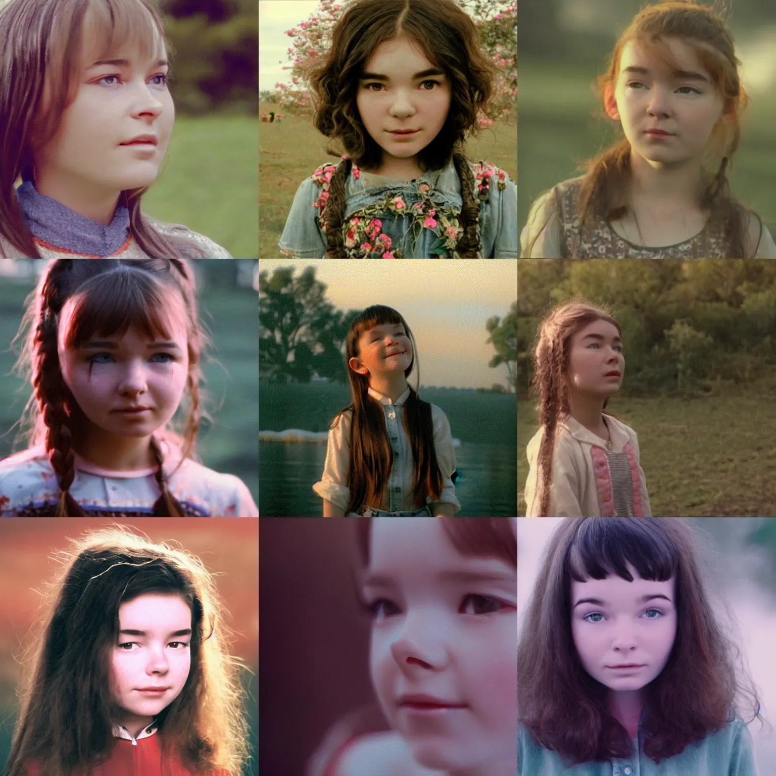 Prompt: film still of a beautiful young girl who looks like young bjork, random background scene