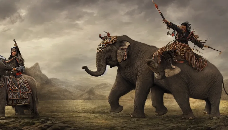 Prompt: matte painting of a beautiful batttlefield of tai ethnic group versus mongol empire, a tai ethnic warlord rides an asian war elephant with emotional movement in the center of the battlefield, digital art trending on artstation,