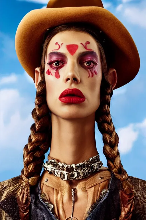 Prompt: dolce & gabbana campaign featuring jar jar binks as a female cowgirl, long eyeslashes, huge juicy lips, big seductive eyes, unprocessed colors, # nofilter, realistic vfx simulation