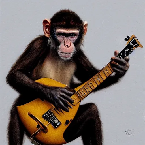 Image similar to Realistic Monkey playing Rudolph Schenker's guitar, by Antonio Caparo and Ferdinand Knab and Greg Rutkowski UHD photorealistic trending on artstation