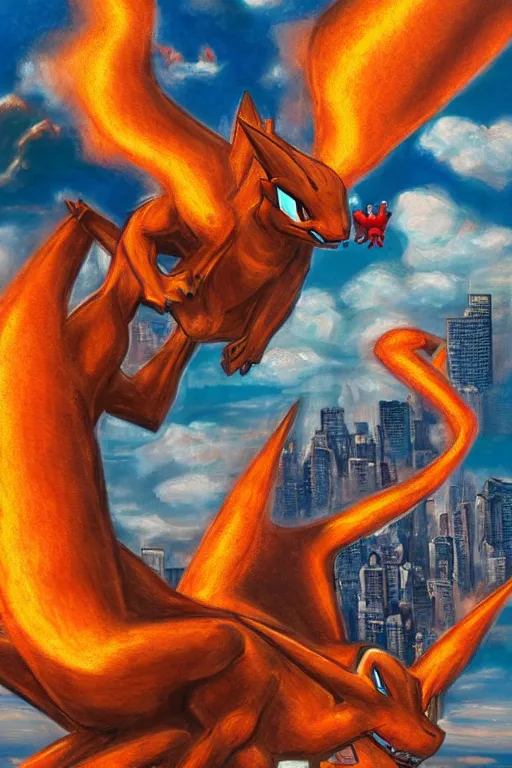 Prompt: charizard flying above new york, oil on canvas, intricate, 8 k highly professionally detailed, hdr, cgsociety