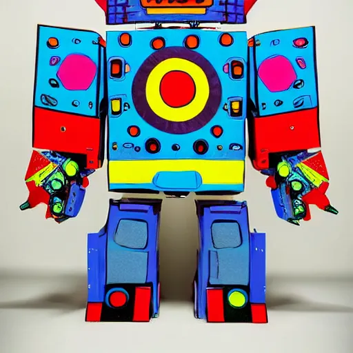 Prompt: giant robot made of trapper keeper artwork