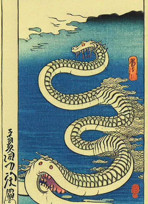 Image similar to the loch ness monster as a yokai illustrated by kawanabe kyosai and toriyama sekien
