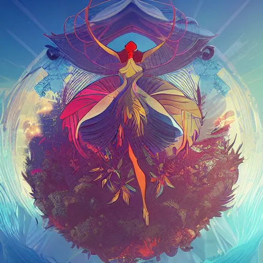 Image similar to the solarpunk phoenix, red bird, ornate egg, regeneration, landscape, epic composition, volumetric light, bokeh, inspired by peter mohrbacher and by alphonse mucha