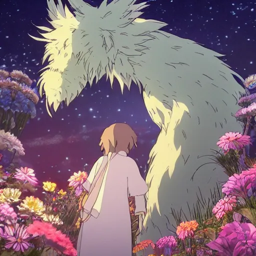 Prompt: spirit creature in the flowers at night made by studio ghibli, beautiful scene, detailed, high quality, high details, smooth, 8 k,