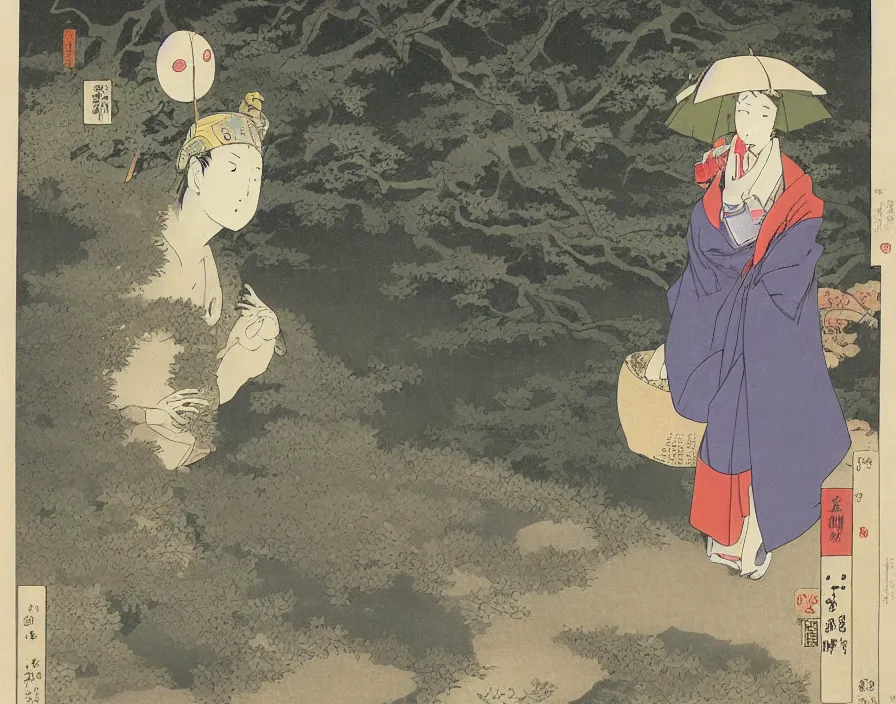 Prompt: A female Retzling with short blond air, standing with big Totoro at a japanese bus stop, holding an umbrella, in the dark forest, rainy night, Ukiyo-e, Katsushika Hokusai,