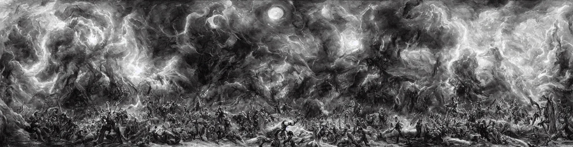 Prompt: house in the wood, around crowd of people with swords, lances and fireballs fighting against black cosmic werewolves jumping from portal from another universe, portal looks like a mirror in the sky full of stars, a lot of tears and fear of dying, please help me!, clouds of smoke, epic scene, endless war, inspire by ivan shishkin, william blake, andrei tarkovsky, artwork by jakub rozalski, analogue photo quality, blur, unfocus, 35mm, lomography, noise effect, cinematic, monochrome, high contrast, like in museum, details, classical painting and old school photo realism, hyperrealisctic