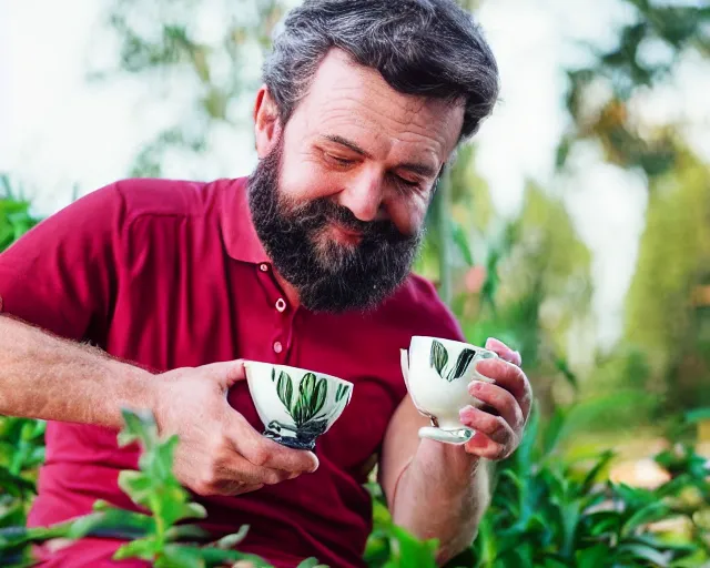 Image similar to mr robert is drinking fresh tea, smoke pot and meditate in a garden from spiral mug, detailed smiled face, short beard, golden hour closeup photo, red elegant shirt