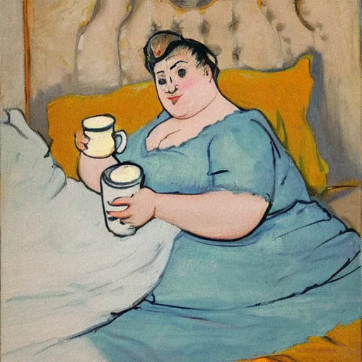 Image similar to a beautiful painting of a beautiful fat woman wearing a nightgown drinking coffee in a bed with white sheets in the style of in the style of Telous Lautrec