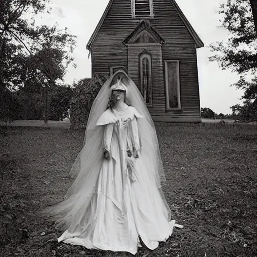 Image similar to picture of ghostly bride in front of an old wooden white church, 1 9 th century southern gothic scene, taken by crewdson, gregory