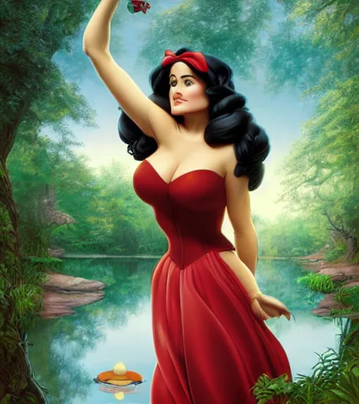 Prompt: Disney art of Salma Hayek as snow white in a forest on a frog pond, by artgerm, makoto sinkai, magali villeneuve, Gil Elvgren, Earl Moran,Enoch Bolles, symmetrical,