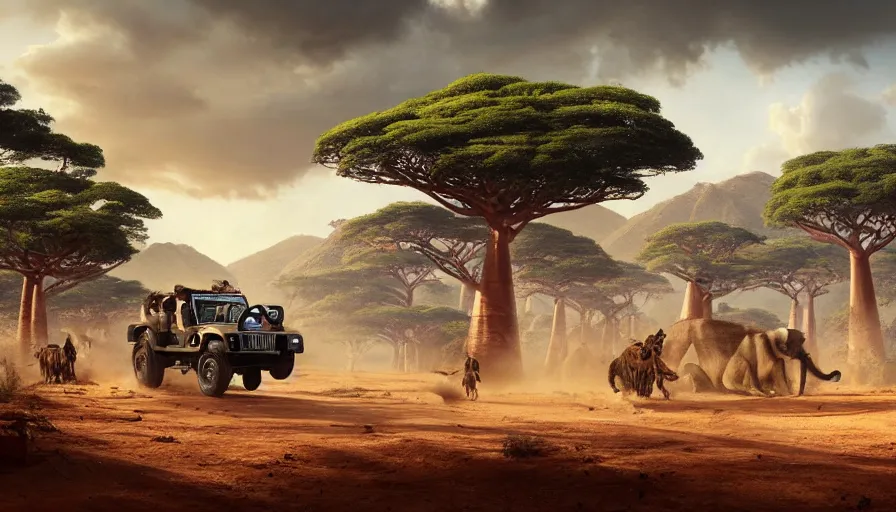 Image similar to mahindra thar driving through madagascar road with baobabs trees, animals running along, tribe members attacking, action scene, an epic fantasy, wide shot, trending on artstation, masterpiece, by greg rutkowski, by ross tran, by fenghua zhong, octane, soft render, ultrarealistic, colorful, cinematic, horizon forbidden west