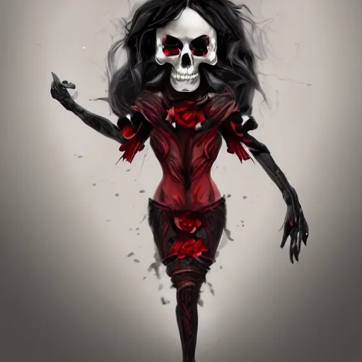 Prompt: Female death. with a red and black diamond skull with the top cut off in her hands. with the top cut off in one hand up to her face like hamlet, kodachrome, high contrast, highly detailed, sharp focus, digital painting, concept art, illustration, trending on artstation,