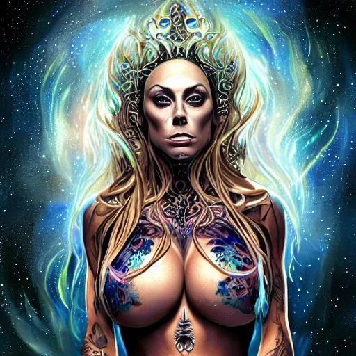 Prompt: a wlop 3 d render of very very very very highly detailed beautiful mystic portrait of nicole aniston, a phantom death queen with whirling galaxy around, tattoos by anton pieck, intricate, extremely detailed, digital painting, artstation, concept art, smooth, sharp focus, illustration, intimidating lighting, incredible art,