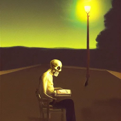 Image similar to a portrait of a lonely man with a skull as his head, green dramatic and cinematic light from the streetlight, the background is the sky full of stars, in the style of edward hopper, 4 k,