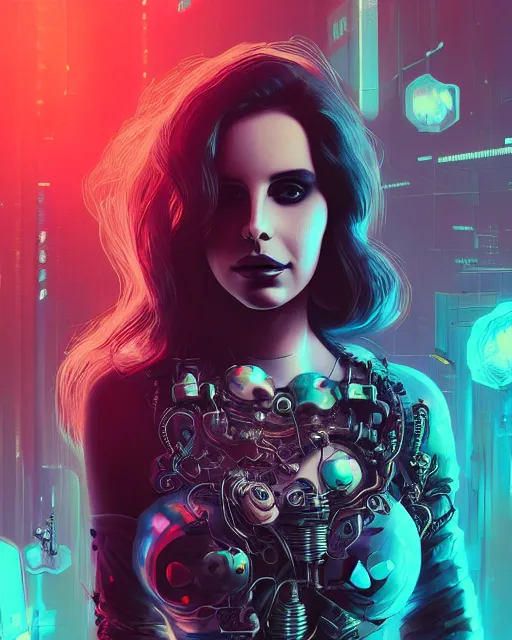 Image similar to portrait of lana del rey as a cyberpunk cyborg. roses, sci - fi, intricate abstract, upper body, intricate artwork, by tooth wu, wlop, beeple, dan mumford. concept art, 8 k octane render, deviantart, greg rutkowski, cinematic, key art, hyperrealism, iridescent accents