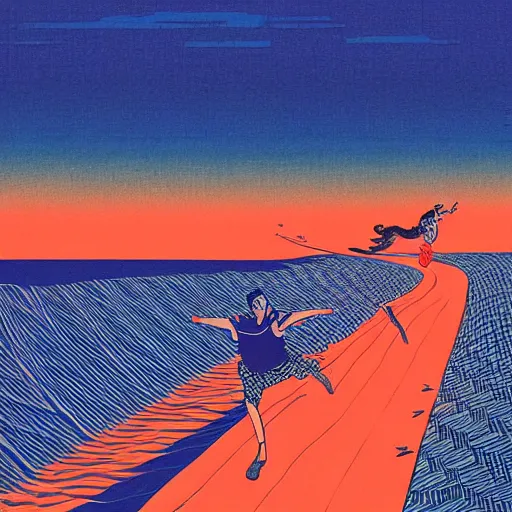 Prompt: a ukiyo - e illustration of running and running to catch up with the sun but it's sinking, blue theme, orange theme, red theme, by liam wong and ian jun wei chiew, featured on concept art world