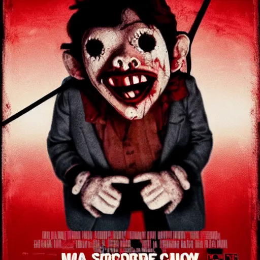 Image similar to a horror movie poster about a creepy puppet, movie poster