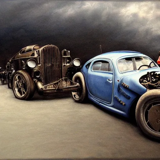 Image similar to a hyperrealistic painting of a steampunk sports car, blue skies, by john kenn mortensen, highly detailed,