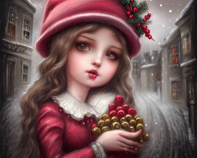 Image similar to closeup profile portrait of victorian london streets, nicoletta ceccoli, mark ryden, lostfish, max fleischer, hyper realistic, artstation, illustration, digital paint, matte paint, vivid colors, bright, cheerful, detailed and intricate christmas environment