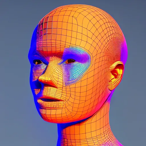 Image similar to topographic lines create a 3d render of holographic human robotic head made of glossy iridescent, surrealistic 3d illustration of a human face non-binary, non binary model, 3d model human, cryengine, made of holographic texture, holographic material, holographic rainbow, concept of cyborg and artificial intelligence, topographic lines