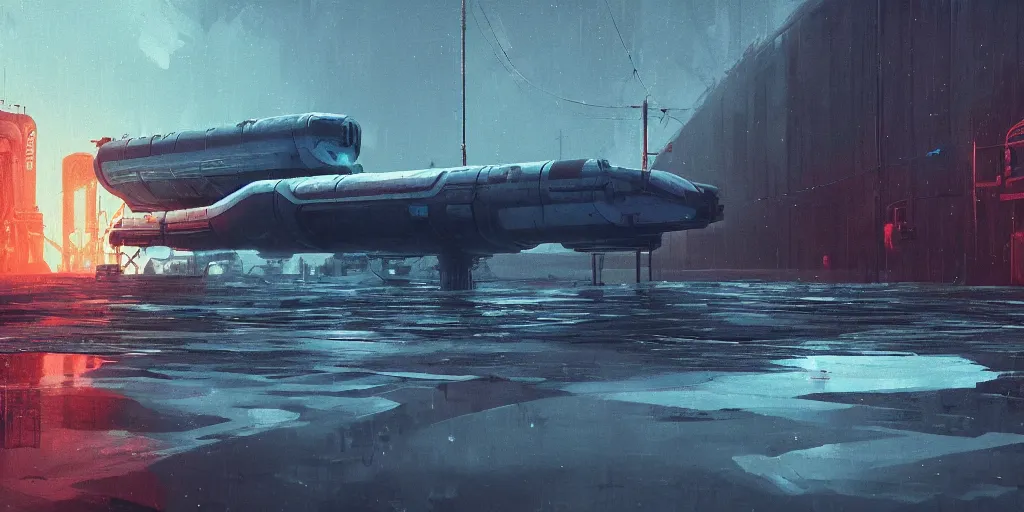 Image similar to scifi soviet cargo spaceship in heavy armor, liminal space around, puddles of water, by simon stalenhag, by ian pesty and alena aenami and makoto shinkai, concept art, matte painting, washed colors,