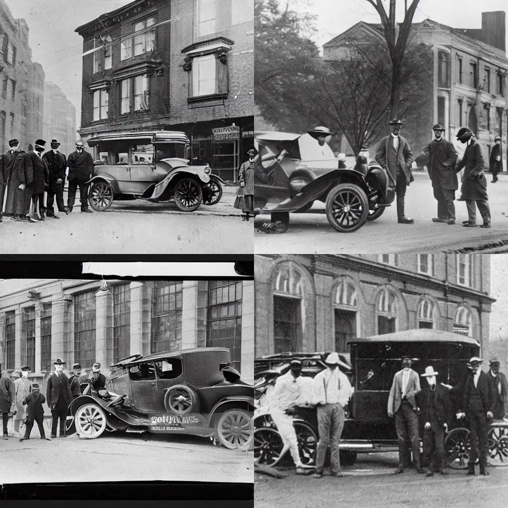 Prompt: A group of people standing around near car crash in Washington, D.C., 1921 photo