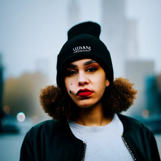 Prompt: Photograph of a mixed woman smoking, wearing a black beanie and black bomber jacket, urban environment, depth of field, 4k, 8k, hd, sigma 85mm f/1.4