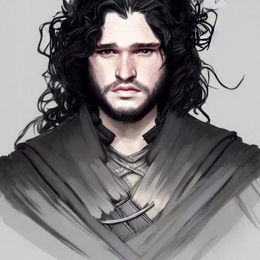 Image similar to jon snow in a dress, masculine, long hair, d & d, fantasy, joyful smirk, intricate, elegant, highly detailed, digital painting, artstation, concept art, matte, sharp focus, illustration, art by artgerm and greg rutkowski and alphonse mucha