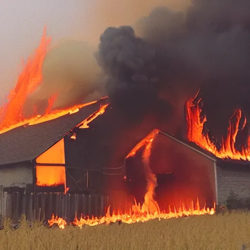 Prompt: a small vintage farm on fire in a corn field