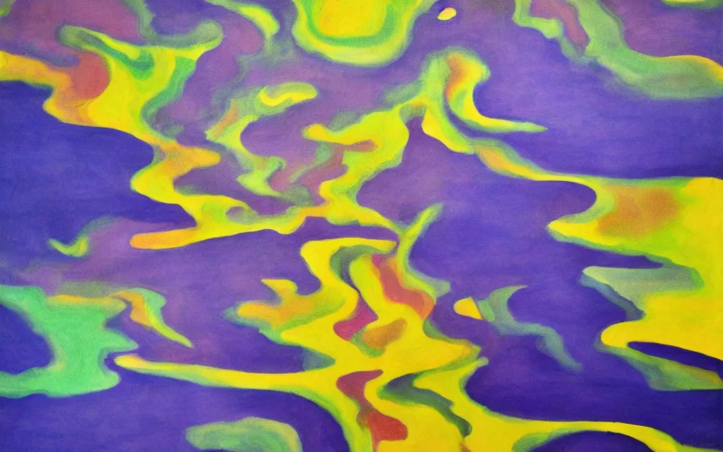 Prompt: the explosion of an atomic power plant and reflection in a lake in the style of georgia o keeffe. colorful, wavy. painting. medium long shot. perspective. color palette of blue, yellow, purple, green.