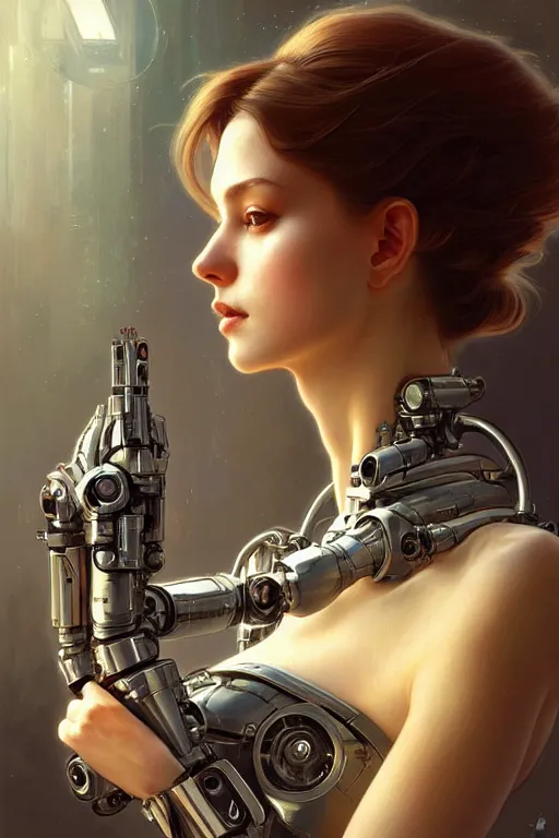 Image similar to beautiful female mechanical android!, half portrait, 3 / 4 pose, intricate detailed environment, photorealistic!, floro details, intricate, elegant, highly detailed, digital painting, artstation, concept art, smooth, sharp focus, illustration, art by artgerm and greg rutkowski and alphonse mucha