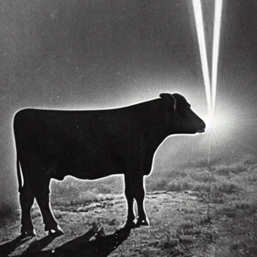 Image similar to vintage photograph from the 1 9 3 0 s of a cow being beamed up by aliens