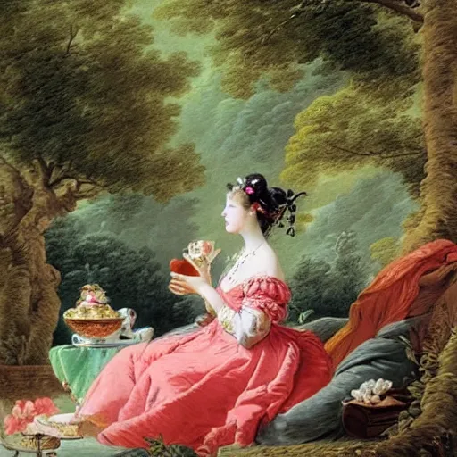 Prompt: a beautiful painting of a woman sipping tea in a park by francois boucher