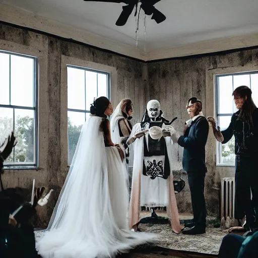 Prompt: a skeleton and a zombie getting married in a house at dawn