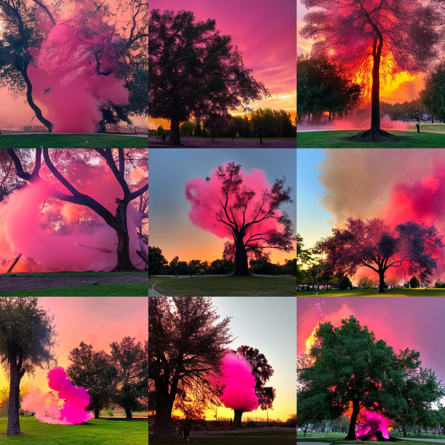 Prompt: tree surrounded by pink smoke and fire, during red sunset in city park