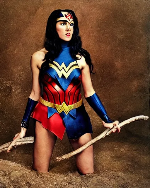 Image similar to A chimpanzee wearing a Wonder Woman outfit, photographed in the style of Annie Leibovitz, hyperreal