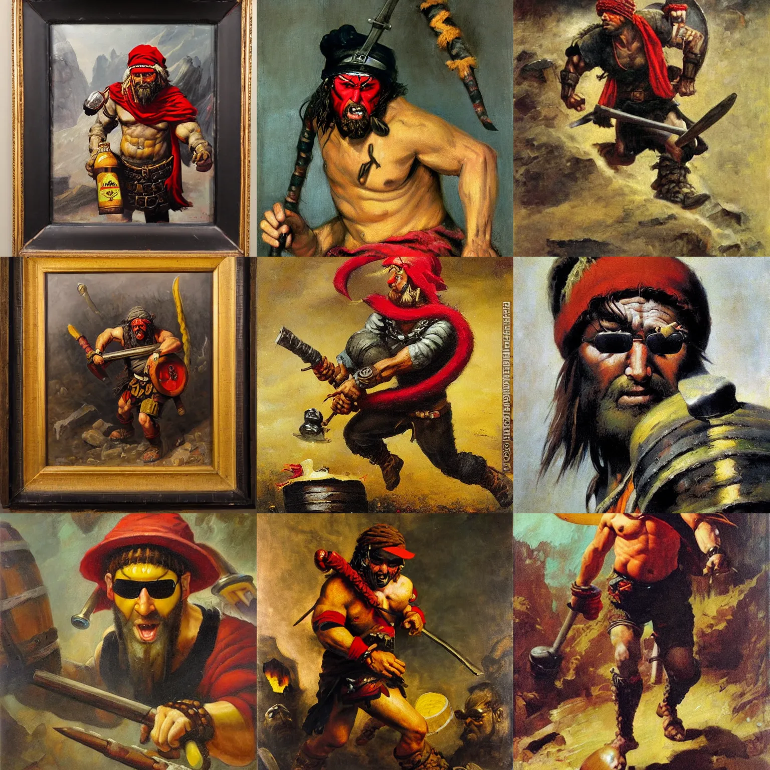 Prompt: portrait of barbarian warrior running out of inn with barrel of beer tucked under his arm wearing wraparound sunglasses and black red yellow beanie hat, oil painting, frank frazetta