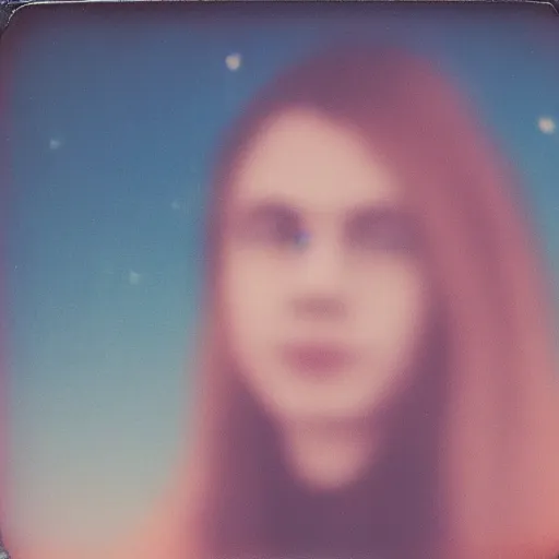 Image similar to a polaroid portrait of a beautiful young woman at night, detailed clouds, stars are visible in the sky, heavy film grain, color bleed