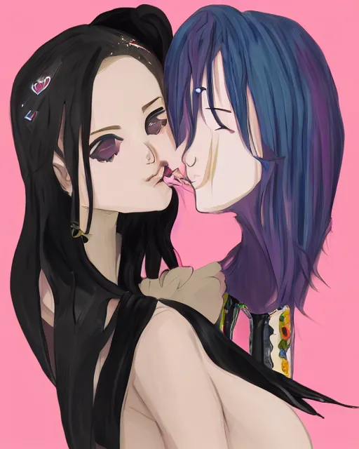 Image similar to portrait of a girl kissing another girl on the neck, anime, trending on Artstation