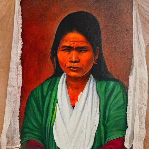 Image similar to a nepali woman wearing a white shawl, sad, bloody, oil painting