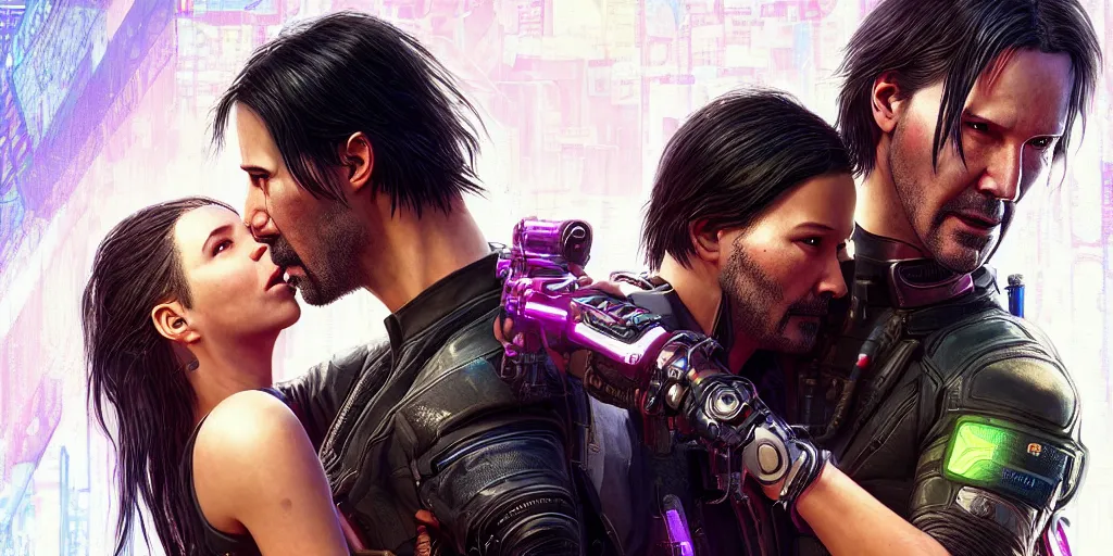 Image similar to a cyberpunk 2077 srcreenshot couple portrait of Keanu Reeves and a female android in final kiss,love,film lighting,by Lawrence Alma-Tadema,Andrei Riabovitchev,Laurie Greasley,Dan Mumford,John Wick,Speed,Replicas,artstation,deviantart,FAN ART,full of color,Digital painting,face enhance,highly detailed,8K,octane,golden ratio,cinematic lighting