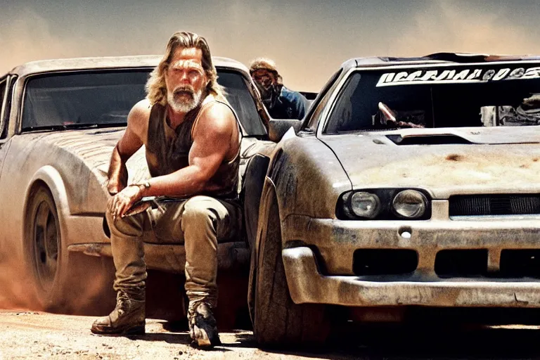 Prompt: Jeff Bridges sitting in the driver's seat in Mad Max Road Warrior, rusted, cobbled together Nissan R34 GTR, interior, screenshot, cinematic Eastman 5384 film