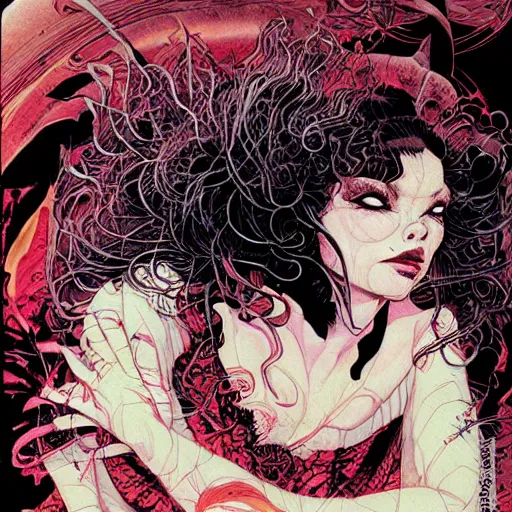 Image similar to portrait of crazy beautiful singer bjork as vampire, ymmetrical, by yoichi hatakenaka, masamune shirow, josan gonzales and dan mumford, ayami kojima, takato yamamoto, barclay shaw, karol bak, yukito kishiro