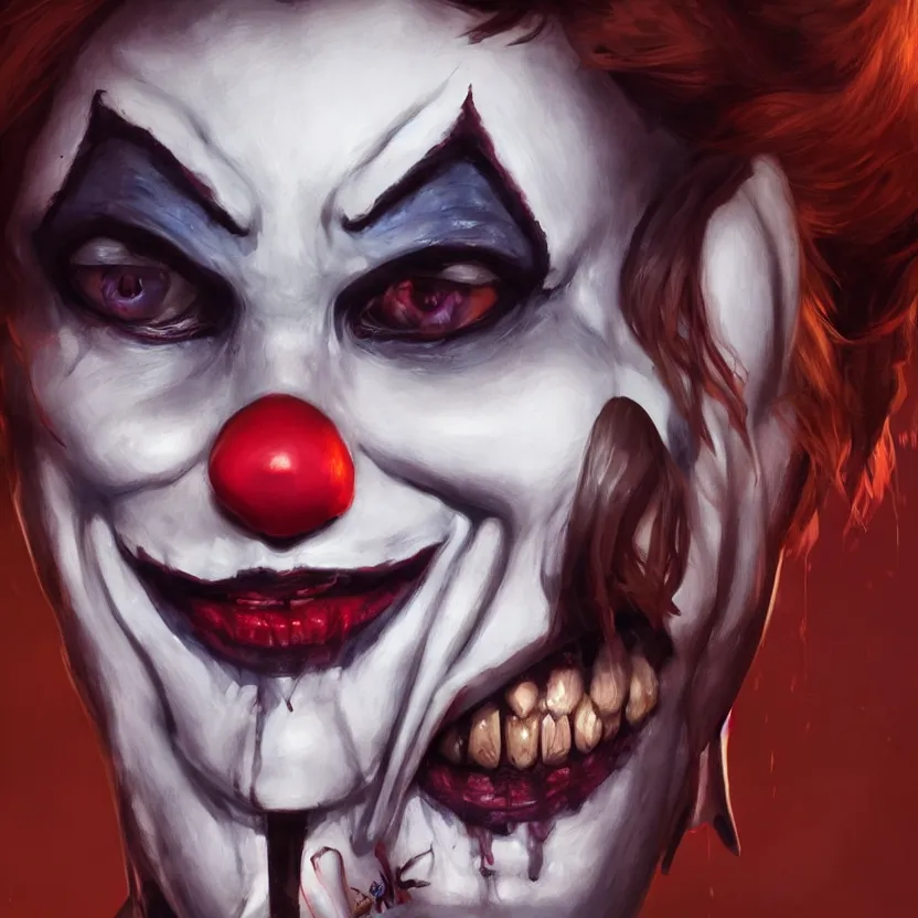 Image similar to hyperrealistic Charlene Gallego as a killer clown from outer space, trending on artstation, portrait, sharp focus, illustration, art by artgerm and greg rutkowski and magali villeneuve