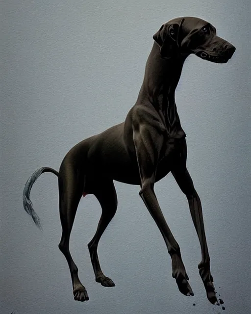 Image similar to painting of hybrid between black weimaraner & horse! & intercrossed animal, by zdzislaw beksinski, by mattias adolfsson, by tiffany bozic, cold hue's, warm tone gradient background, concept art, single object scene, beautiful composition, digital painting