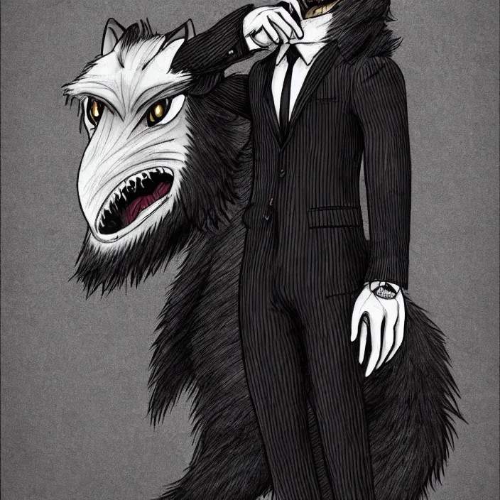 Prompt: a handsome werewolf boyfriend in a dapper suit, furry art, trending on artstation, by junji ito, 8 k