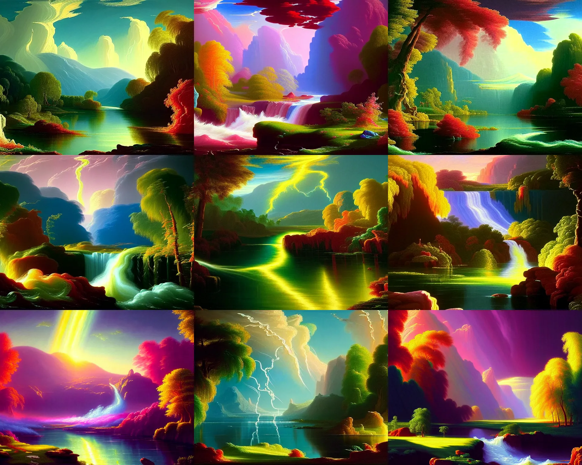 Prompt: magical paint exploding and flowing like rivers from the artist's art deco head opened to reveal scenery. 8 k octane rendered on artstation. landscape by thomas cole and bob ross in vibrant prismatic hues and shades