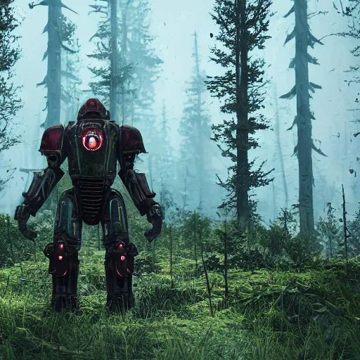 Image similar to T-45 power armor stands against the background of a radioactive forest, graphics, fallout 4 render, 3d computer render, maximum details, rain, night, spotlight,